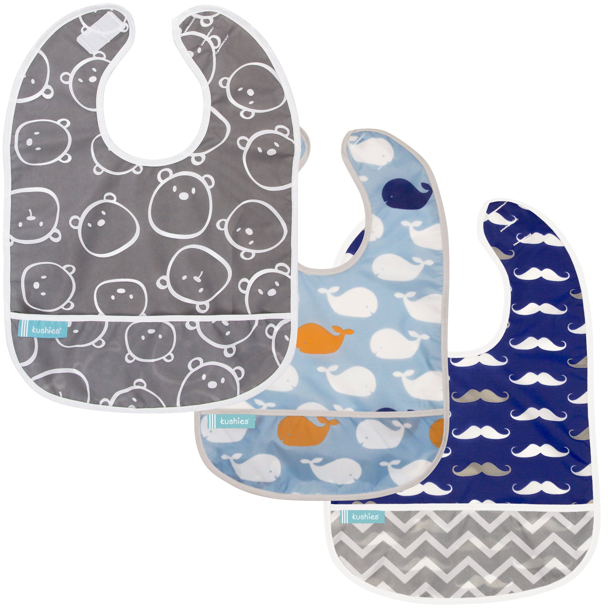 Charcoal Bears + Blue Whales + Navy Moustache | Cleanbib 3pack