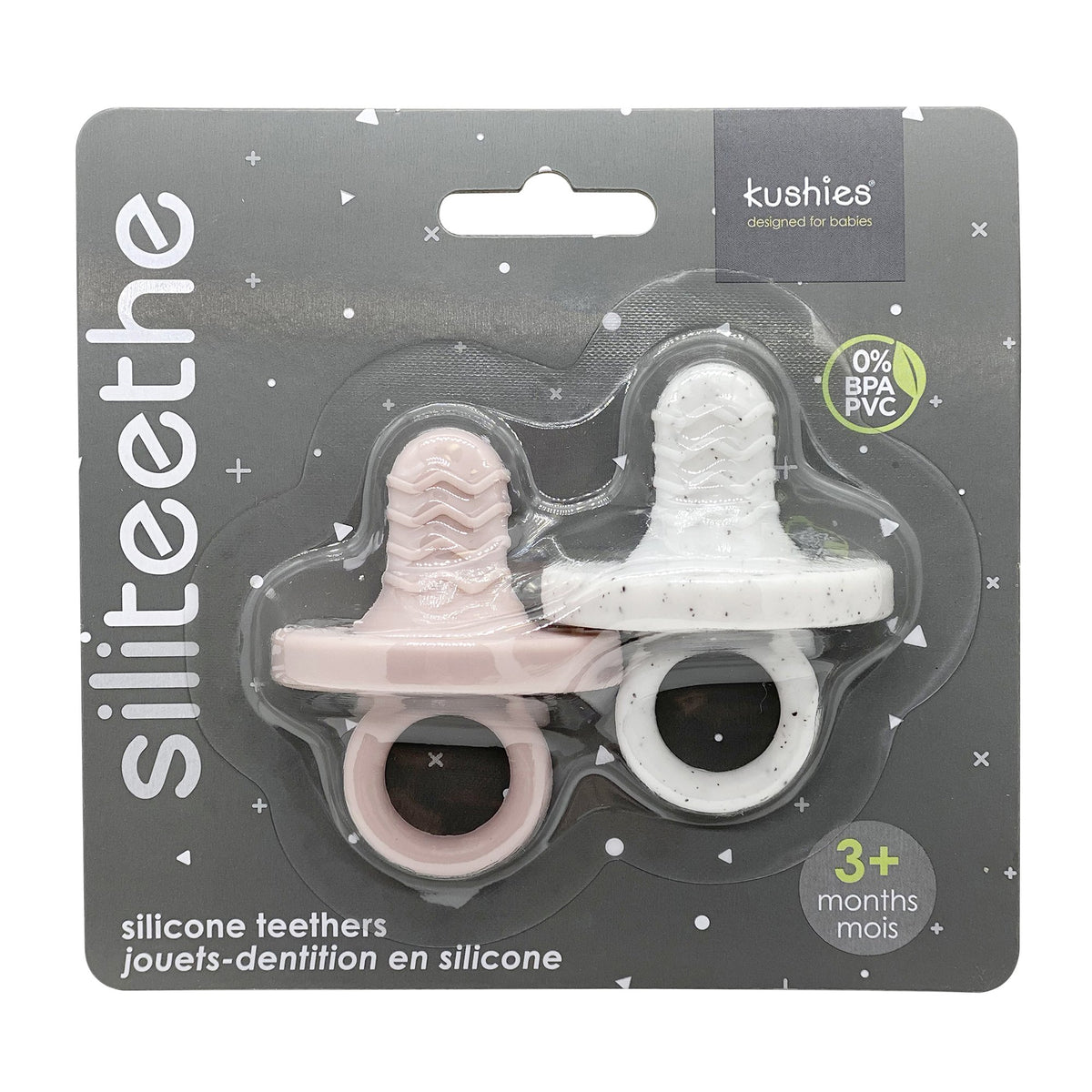 rose and grey silicone teethers 2 pack packaging