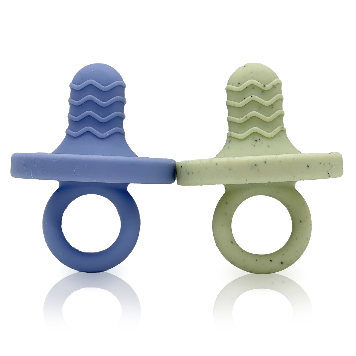 blue and green baby silicone teethers