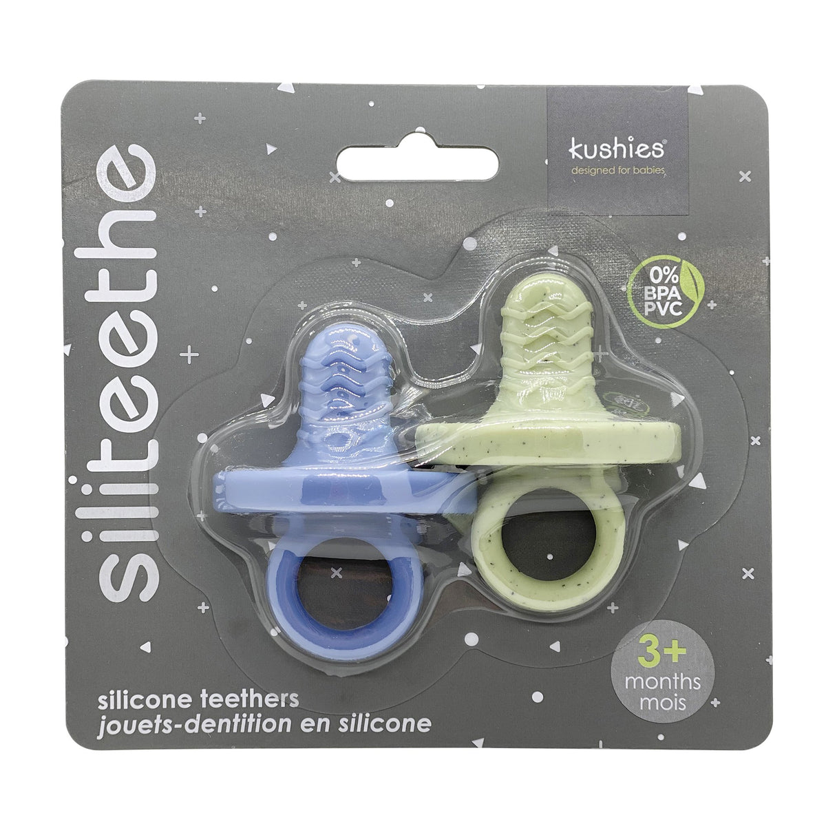 blue and green silicone teether packaging