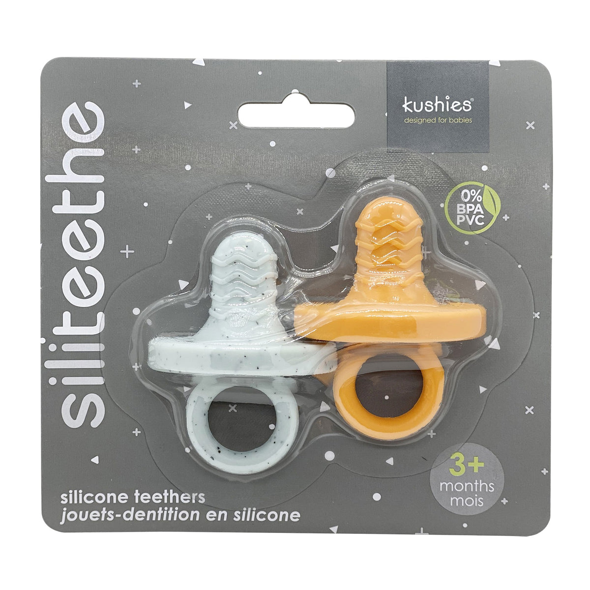 seafoam speckle and papaya baby silicone teether 2 packs packaging