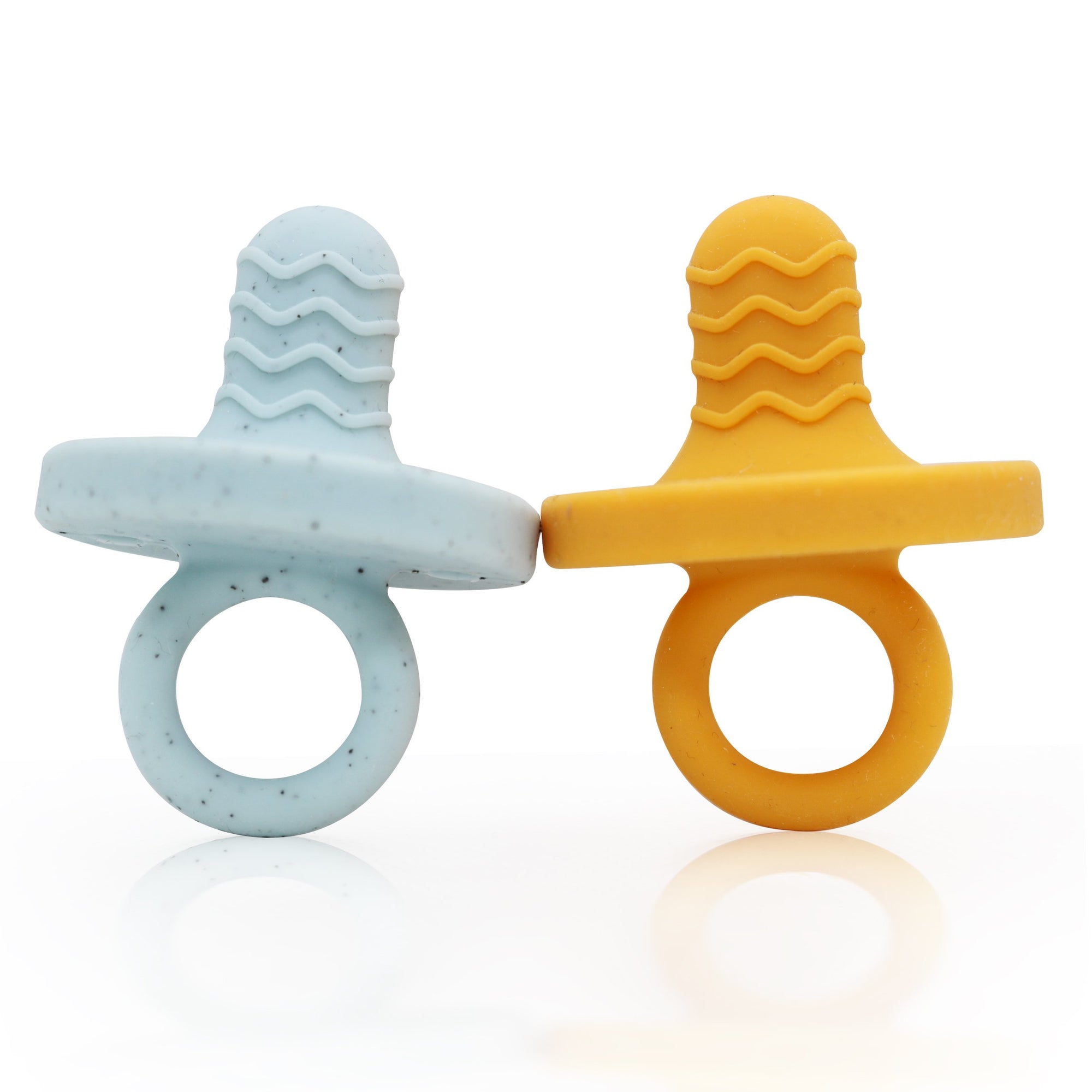 seafoam speckle and papaya baby silicone teether 2 pack